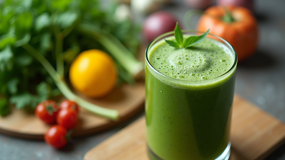 High angle view of a healthy green smoothie and fresh vegetables