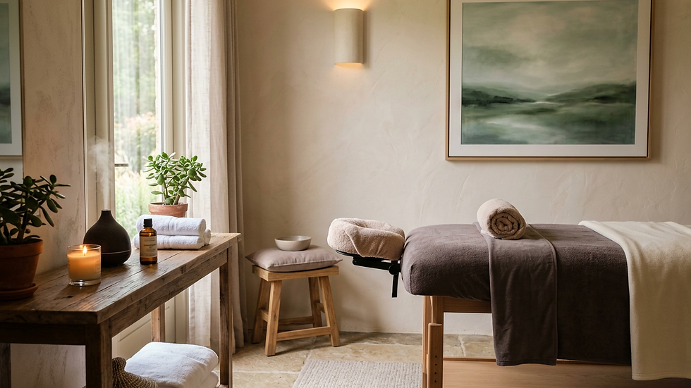 Eye-level view of a calm spa room with massage table and soft lighting