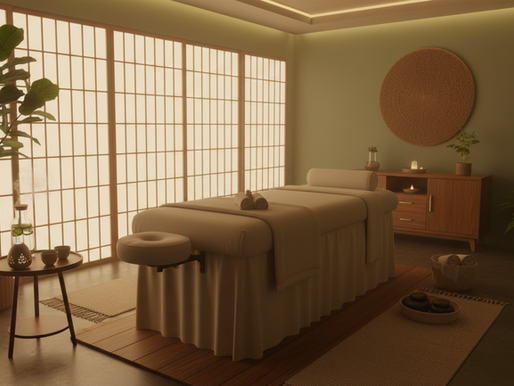 Eye-level view of a tranquil massage room with soft lighting and a massage table