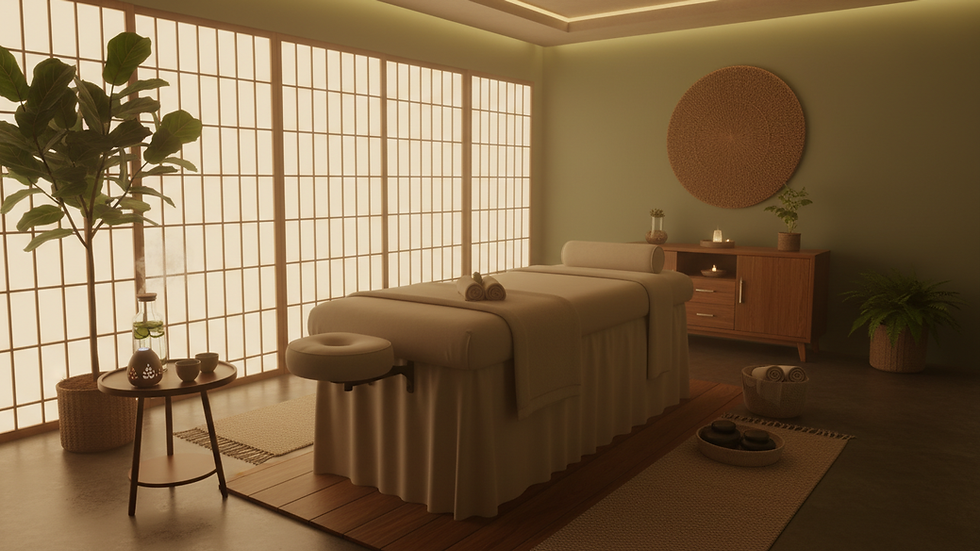 Eye-level view of a tranquil massage room with soft lighting and a massage table