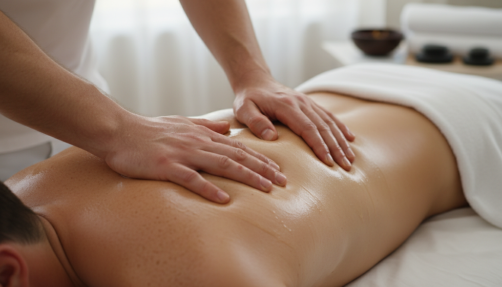 Close-up view of a massage therapist applying firm pressure on the back muscles