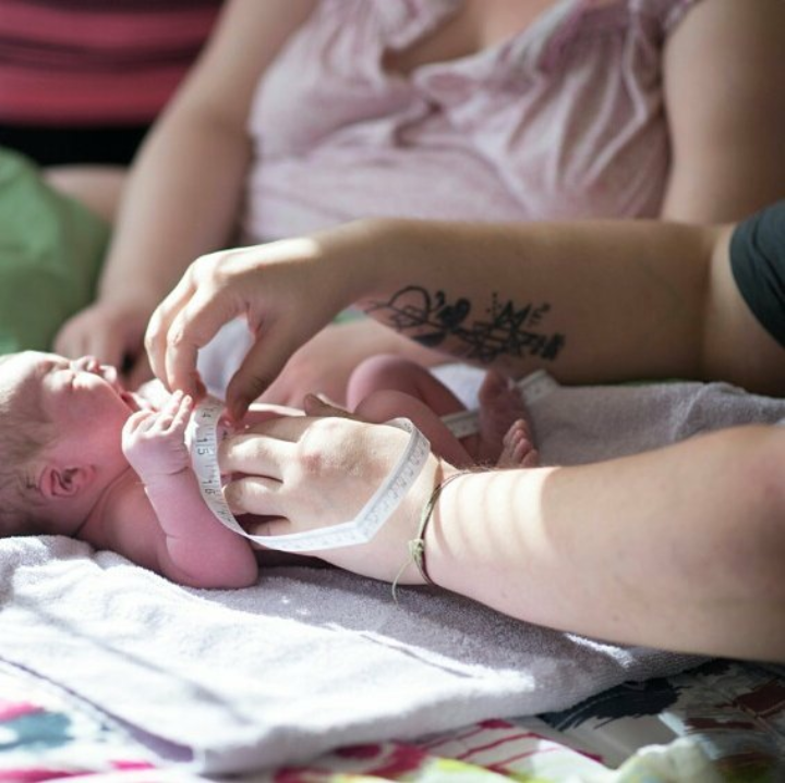 Midwife Michele measuring a baby during the newborn exam at a homebirth