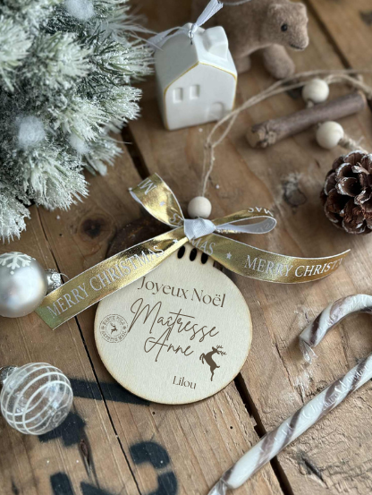 Boule de noël Bois Maitresse Personnalisable