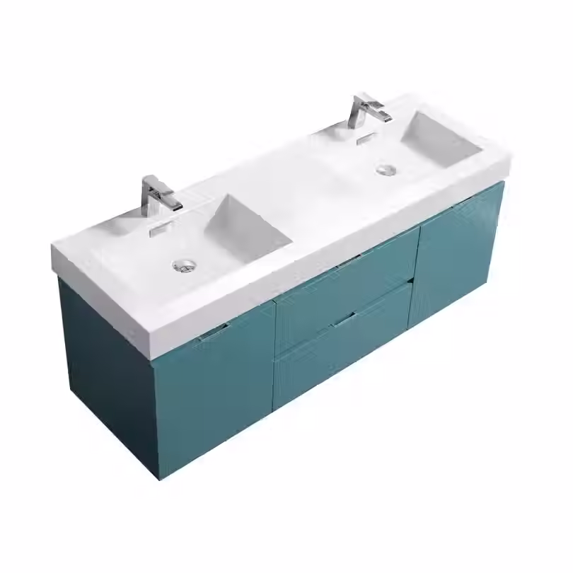 60" Theo Double Sink Wall Mount Bathroom Vanity In Aqua