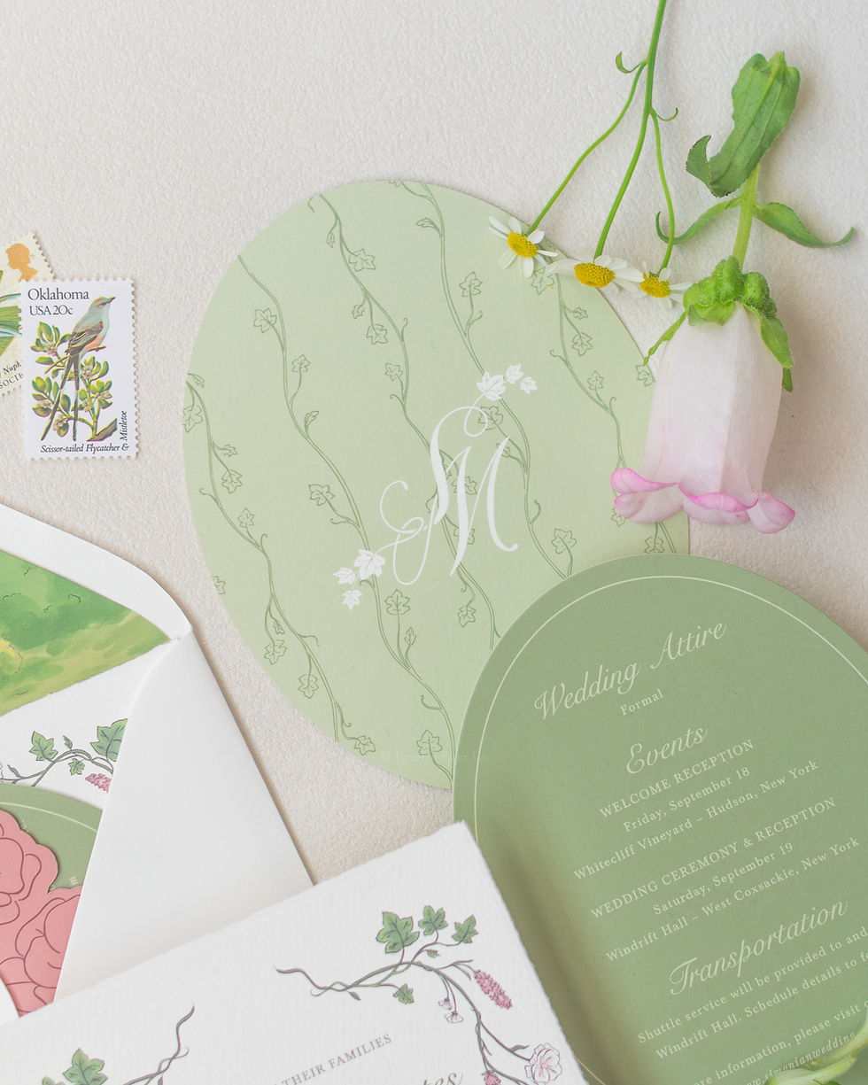 Green floral wedding stationery with menu and daisies.