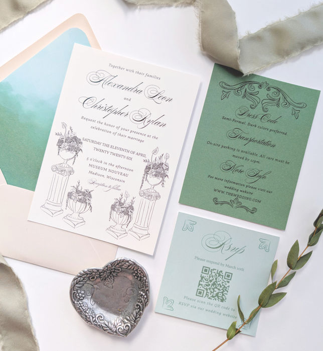 Grecian themed semi-custom wedding invitation suite with green toned cards.