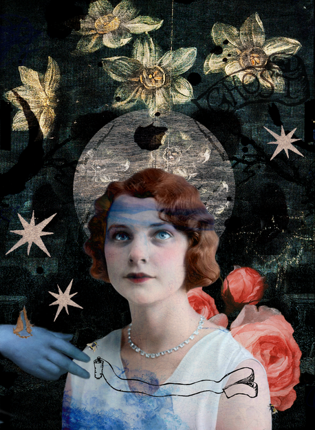 GHOST by Rebecca Emily Darling, mixed media digital collage using found paper ephemera and handmade textures.