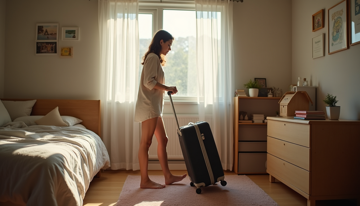 Eye-level view of a high school senior packing a suitcase in a bedroom