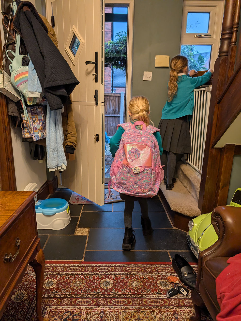 Penelope getting ready to go off to school.