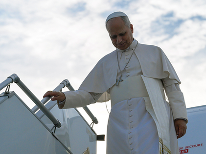 Pope Leo XIV descends the stairs of the papal plane upon arriving at Metz-Nancy-Lorraine International Airport Sept. 28, 2026, during his apostolic journey to France. (CNS/Vatican Media)
