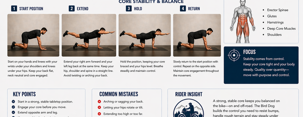 Bird dog core exercise illustration demonstrating opposite arm and leg extension for balance and sta