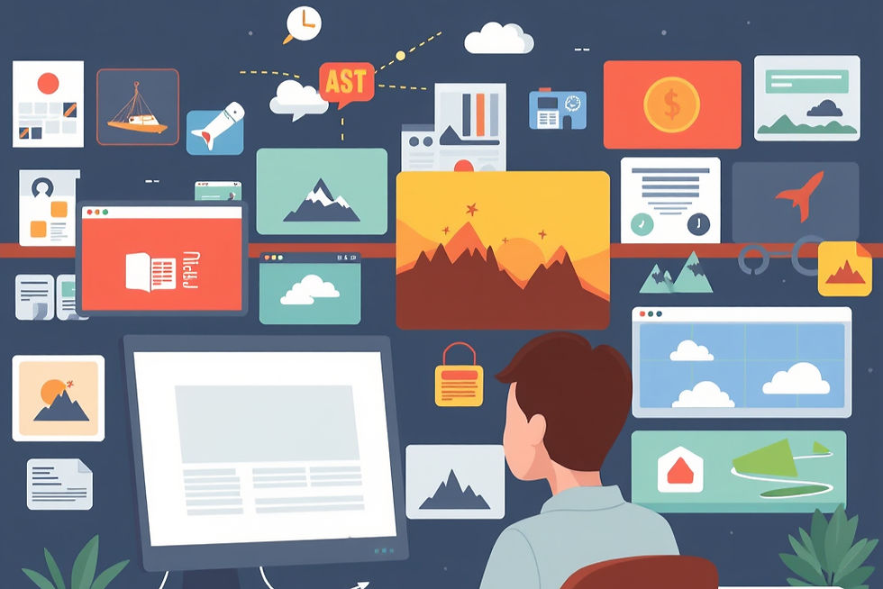 Man at computer amid floating app icons and mountain screens on dark background, with AST text and cloud, lock, and chart symbols.