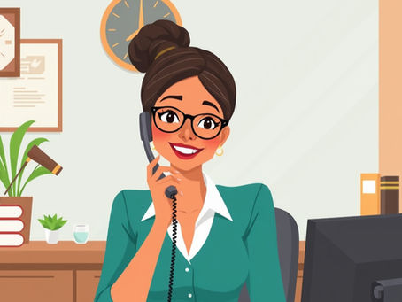 Smiling woman with glasses in an office, talking on a corded phone beside a computer, clock, plants and books.