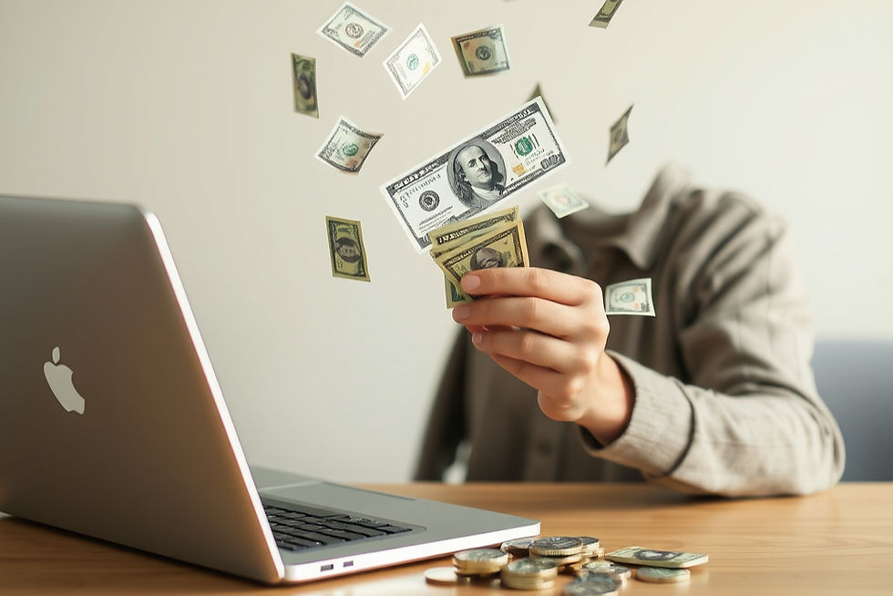 Person at a laptop with dollar bills floating around their hand, coins on the desk, suggesting online money making