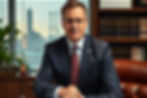 Serious man in a dark suit and red tie sits in an office with bookshelves and blinds behind him.
