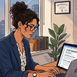 Woman typing on a laptop with a client agreement in a bright office, city view behind her, bar association certificate on wall.