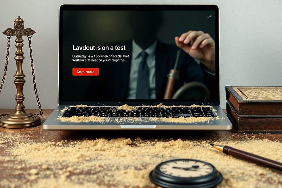 Laptop on a dusty desk beside a scale and books, showing a suited figure with a red button and blurred text on screen.