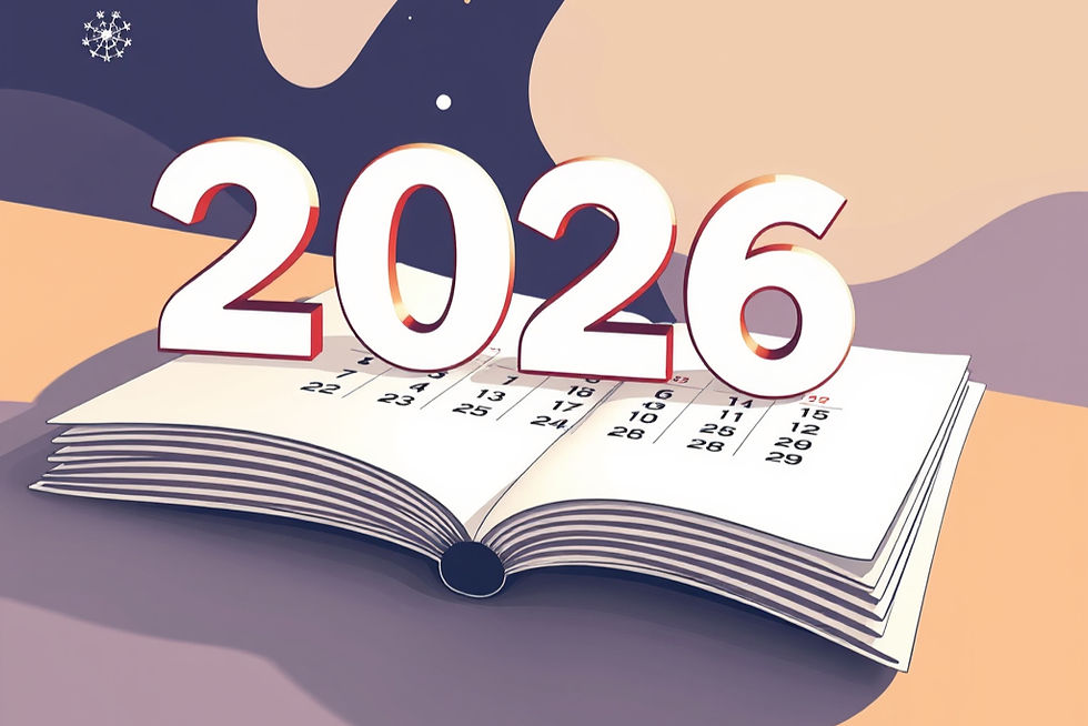 Large 2026 stands over an open calendar book on a pastel abstract background, suggesting a new year countdown.
