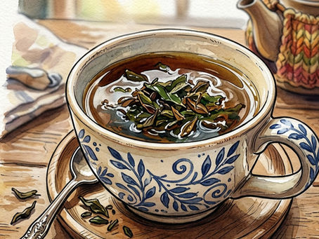 Watercolor of a blue floral teacup filled with herbal tea and leaves on a wooden table, with a spoon and teapot nearby.