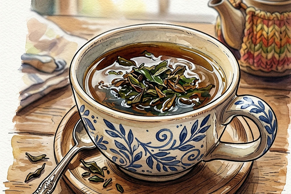 Watercolor of a blue floral teacup filled with herbal tea and leaves on a wooden table, with a spoon and teapot nearby.