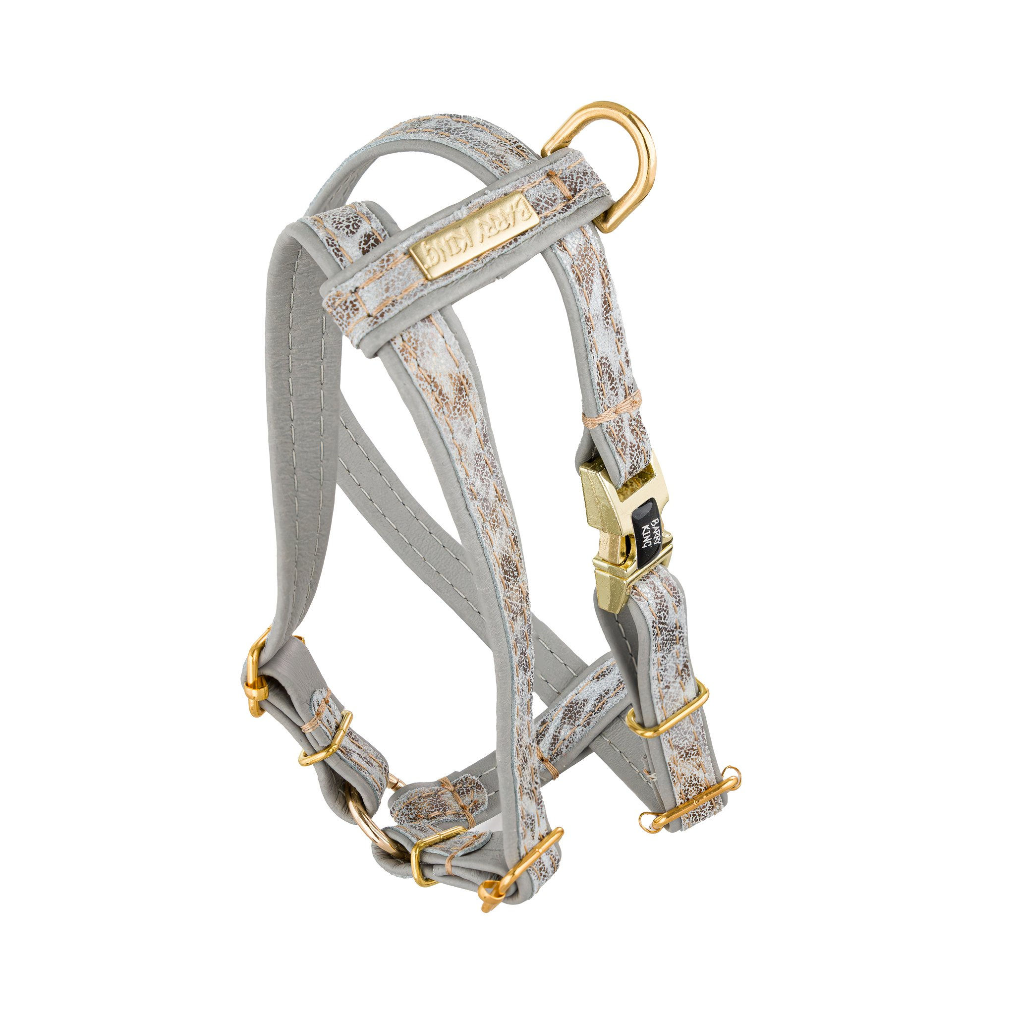 Dog harness,Wild Snow Leopard,grey,leather brass,M 16mm/ obwod neck