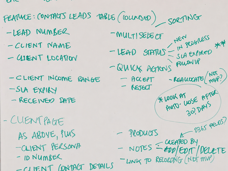 Close-up of a whiteboard showing feature lists, actions and notes indicating MVP and non-MVP items