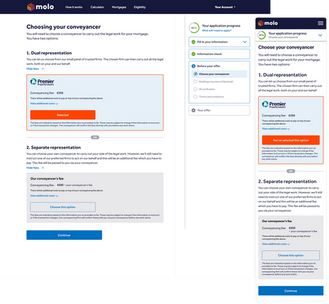 Desktop and mobile screens showing conveyancer options with comparison details, pricing and selection controls within the mortgage application journey.