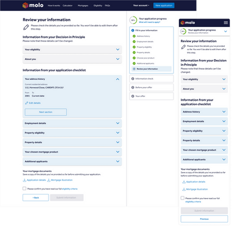 Desktop and mobile screens showing a summary of application details with expandable sections for review and editing before submission.