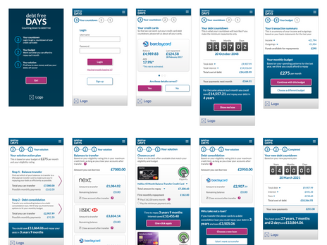 Mobile app screens showing a debt repayment timeline and budgeting features