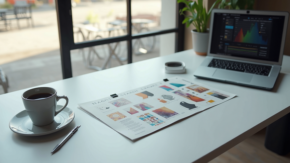 High angle view of a minimalistic workspace with a laptop and design tools