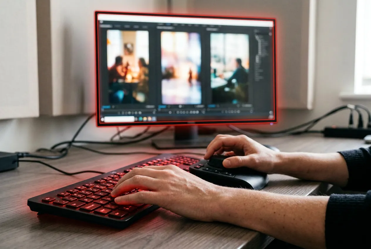 An editor's hands on a keyboard with vertical video frames on screen