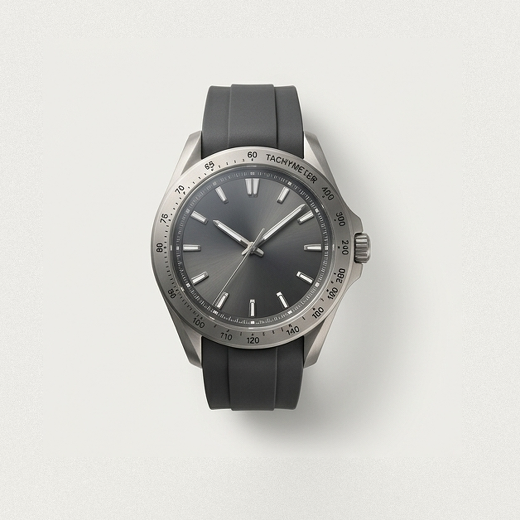 Vantage Rockface sports watch, a 42 mm Titanium Grade 2 case with a sapphire crystal, a slate grey dial with applied polished indices and hands with a tachymeter bezel scale, on a rubber strap with a buckle, studio product photo