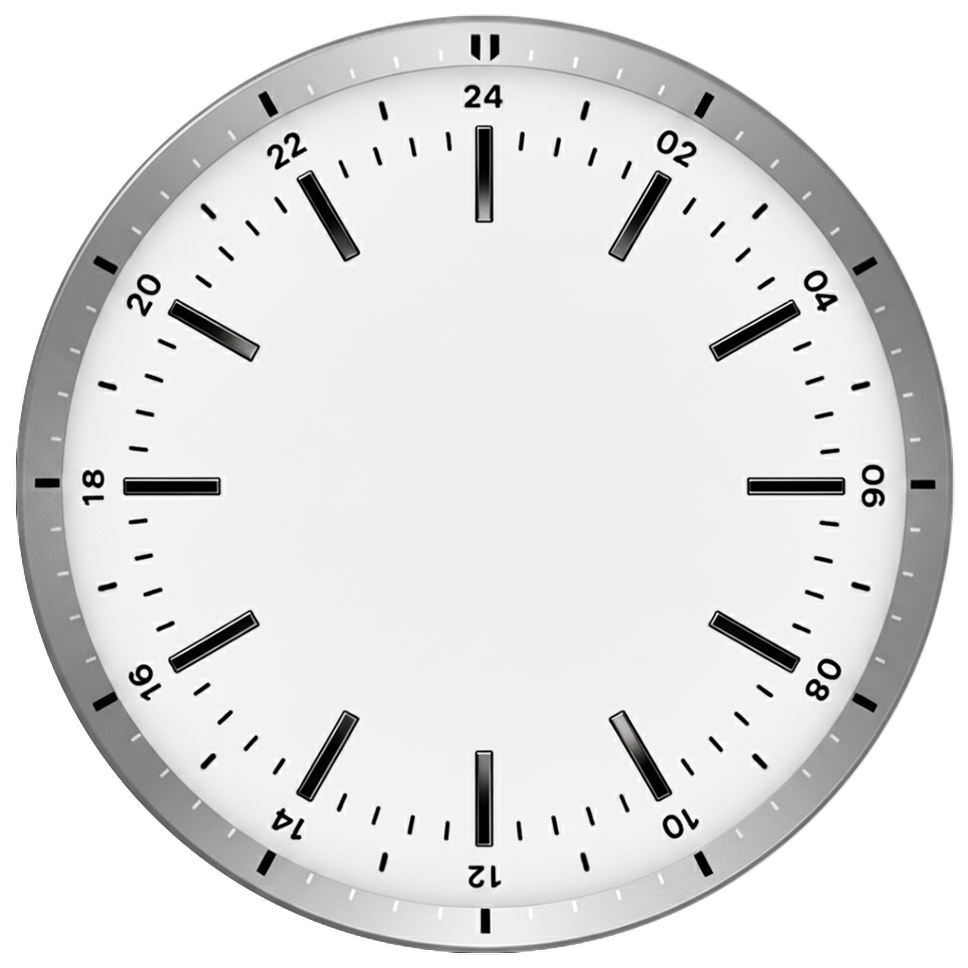 Silver clock face with black hour markers from 00 to 24 Visuvate.