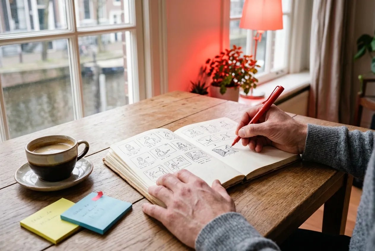 Hands sketching storyboard thumbnails in a notebook