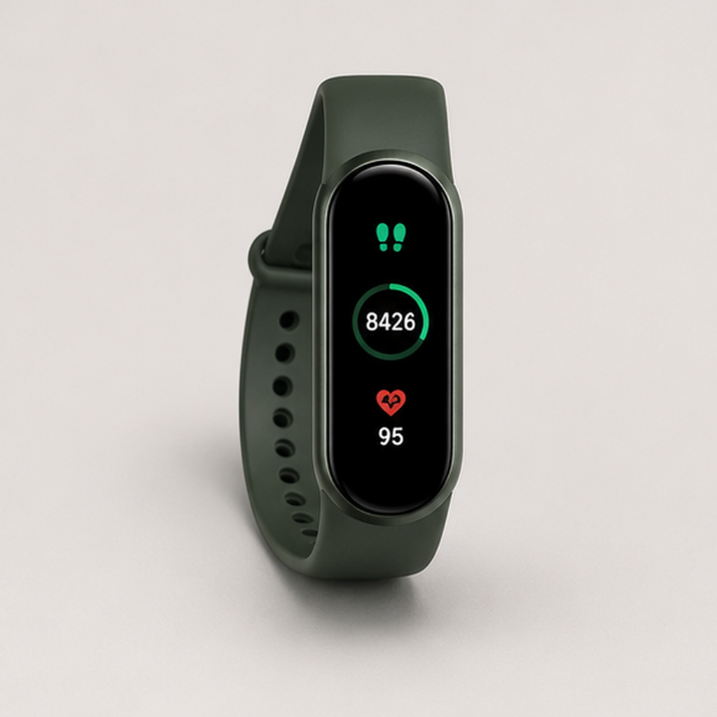 Vitala Move Lite fitness band, a slim lightweight fitness tracker band with an aluminium alloy body and a slim AMOLED strip display (protected by an acrylic lens) showing a generic unbranded fitness readout of steps and heart-rate icons, integrated into a soft silicone band with a pin-and-tuck closure, studio product photo