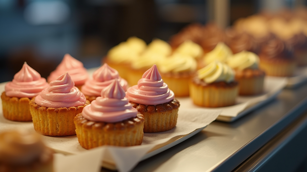 Close-up view of colorful pastries displayed in a café setting