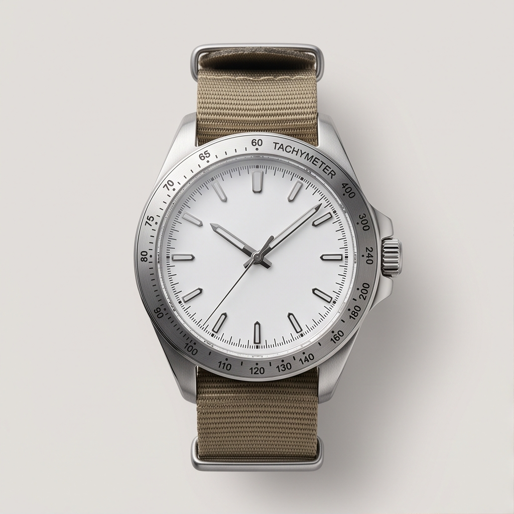 Ferrocrest Trailblazer sports watch, a 42 mm Stainless Steel 316L case with a sapphire crystal, a white dial with applied polished indices and hands with a tachymeter bezel scale, on a nylon nato strap with a buckle, studio product photo