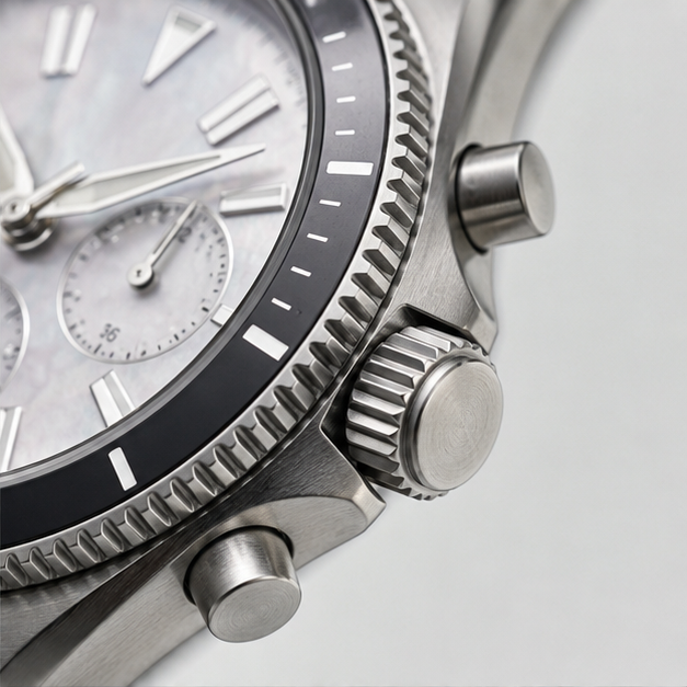 Macro detail of the Magnus Summit Pro case, dial and finish