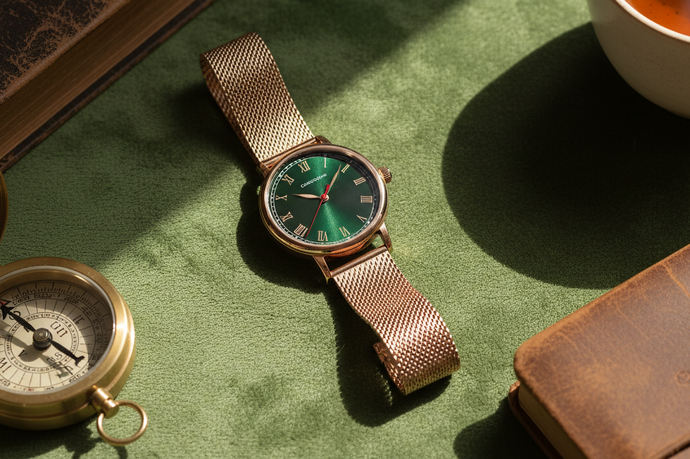 Green dial watch with leather strap beside a compass and tea