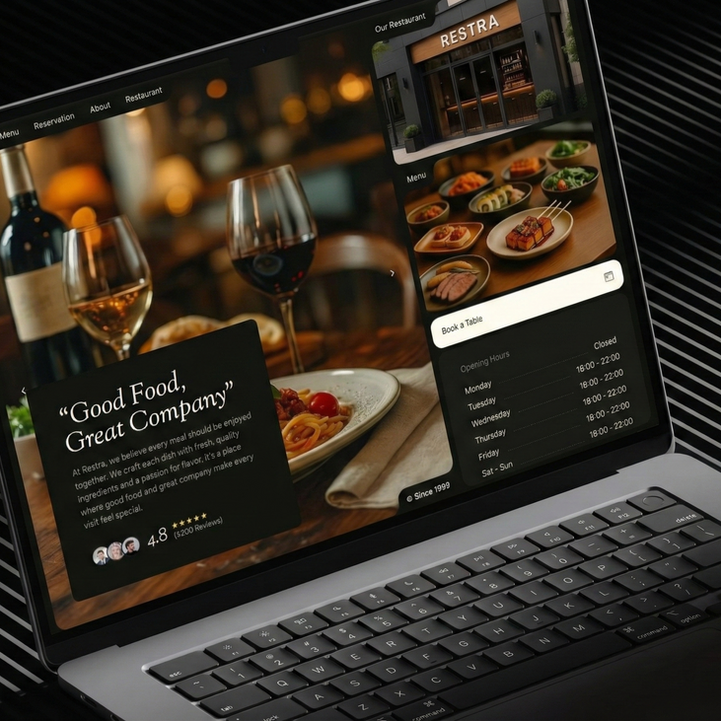 Laptop displaying a restaurant website, 