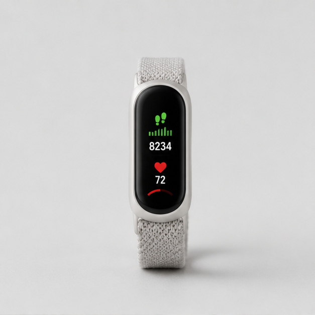 Pulsewear Rhythm HR fitness band, a slim lightweight fitness tracker band with a polycarbonate body and a small colour touchscreen display (protected by a tempered glass lens) showing a generic unbranded fitness readout of steps and heart-rate icons, integrated into a soft woven nylon band with a pin-and-tuck closure, studio product photo