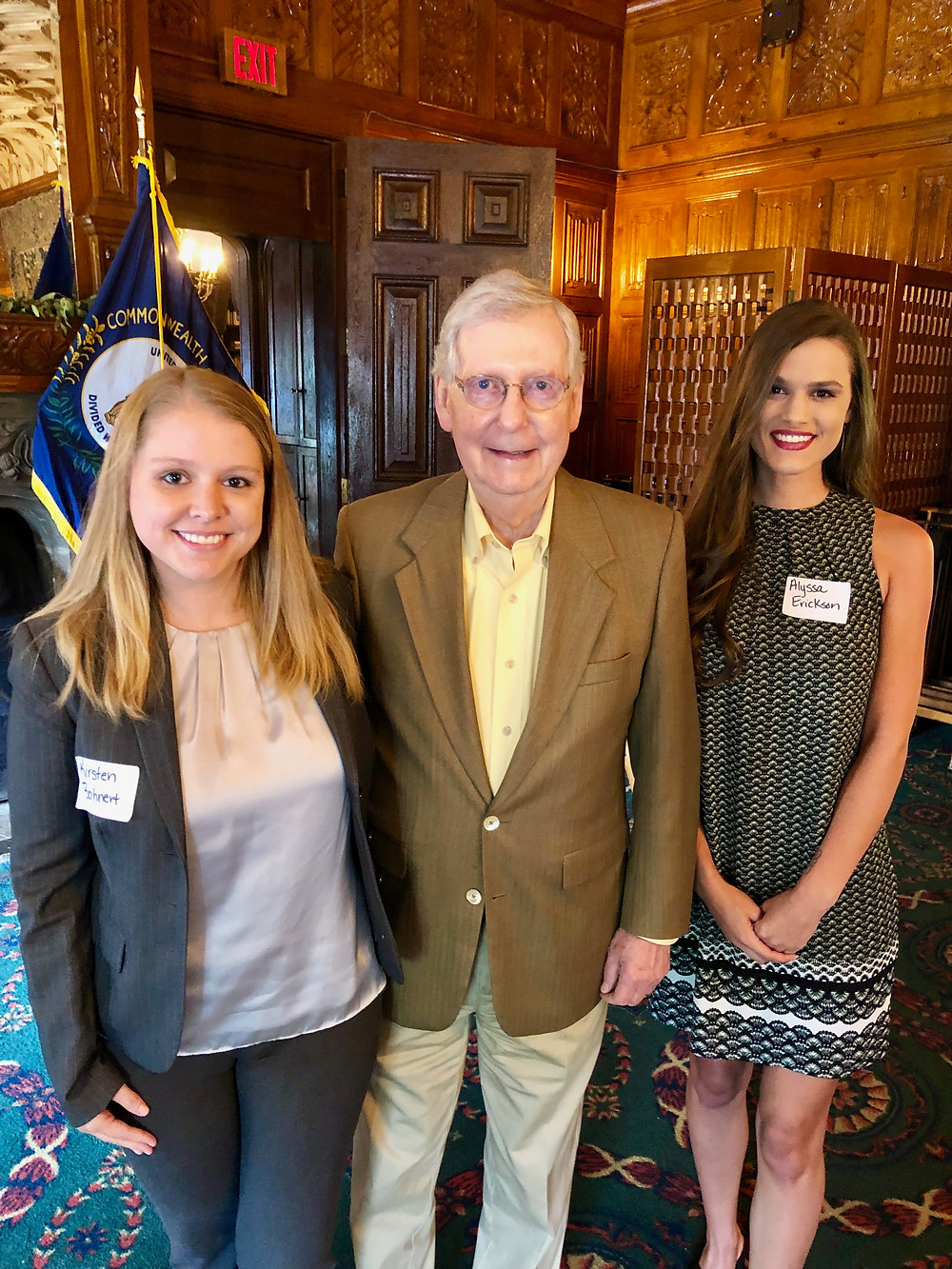 Kentucky Hempsters co-founders Kirstin Bohnert (left) and Alyssa Erickson (right) with Senator McConnell (R-KY) at the Hemp Roundtable with USDA Secretary Sonny Perdue on July 2, 2019 in Lexington, Kentucky.