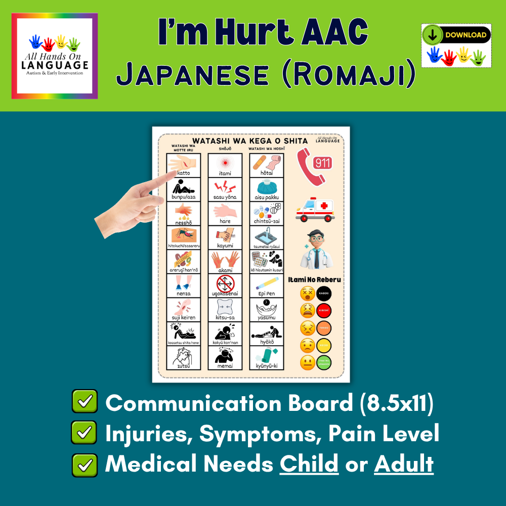 Japanese Romaji I'm Hurt Communication Board -Report Injuries and Pain