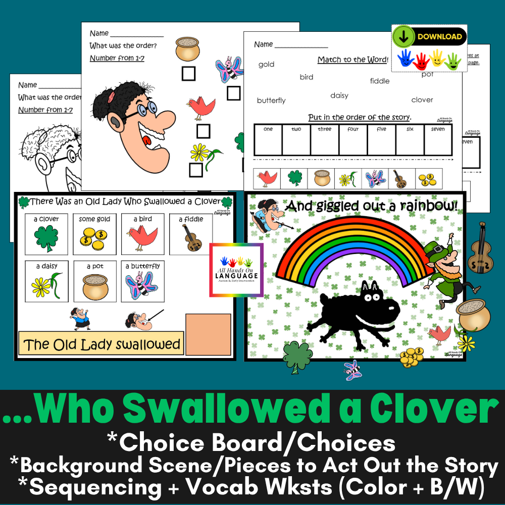 Old Lady Who Swallowed a Clover Story Activities, Sentences + Sequencing