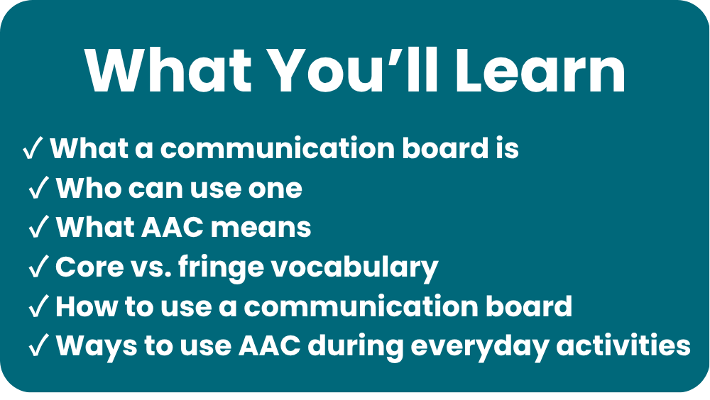Teal slide titled What You’ll Learn lists AAC topics: communication board, who can use one, core vs. fringe vocabulary, everyday use.