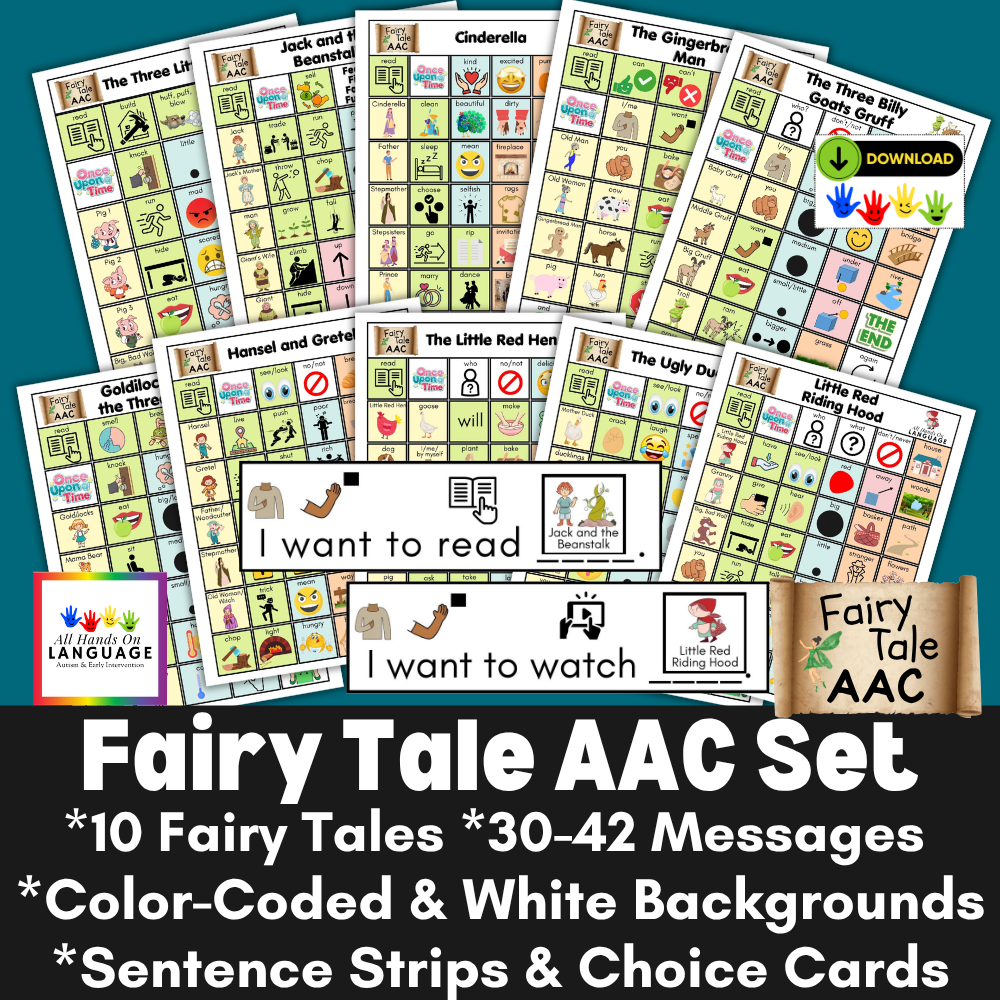 Fairy Tale AAC Boards Set, 10 Stories, Color-Coded & White Bckgrnd, Requesting