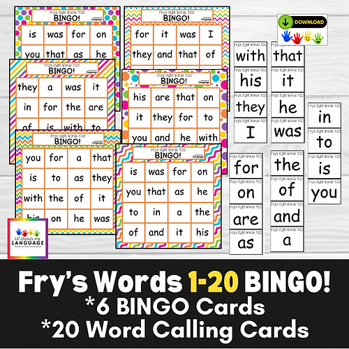 Fry's Sight Words 1-20 Bingo Game, 6 Bingo Cards, 20 Word Calling Cards
