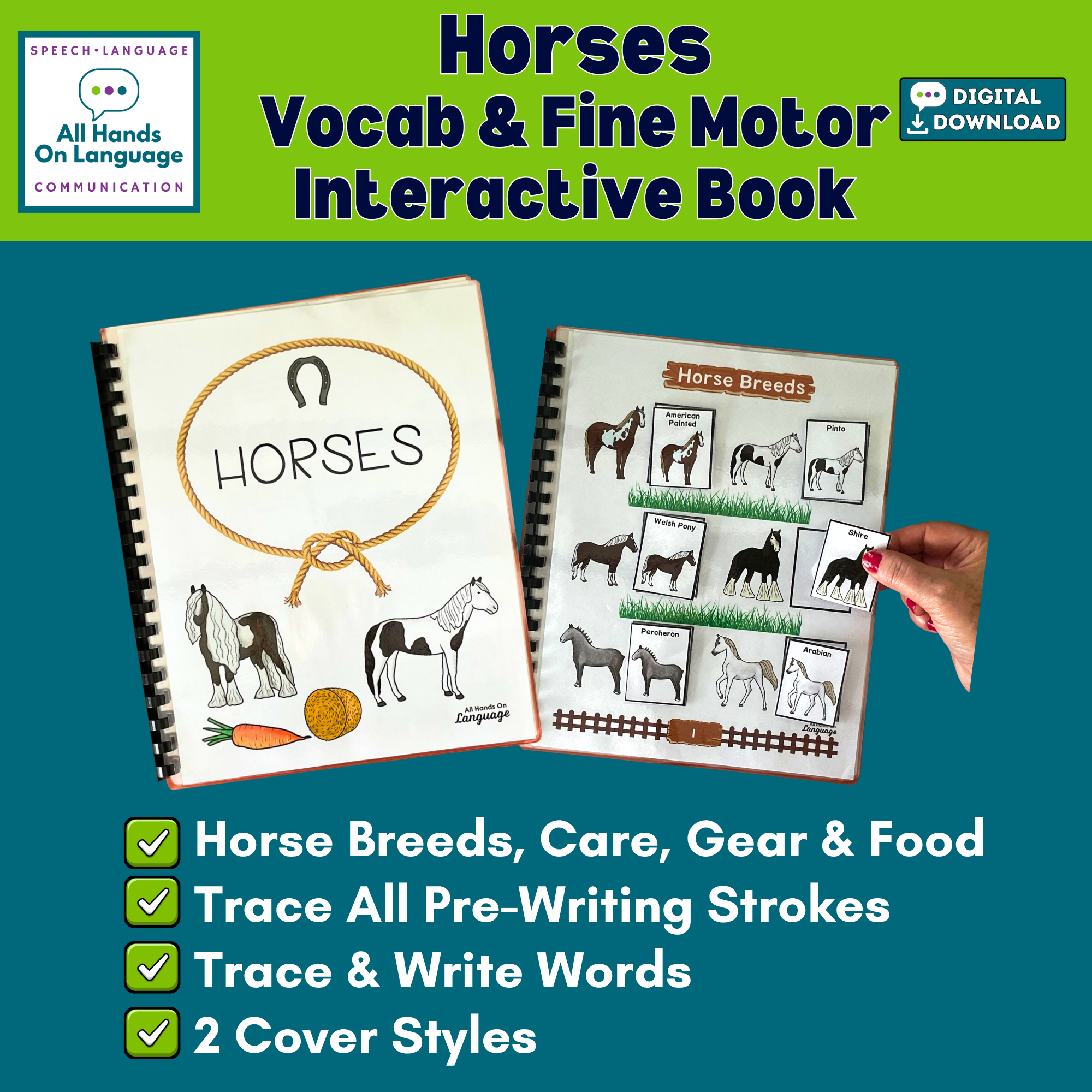 Horses Interactive Activity Book, Vocabulary Matching, Tracing & Writing