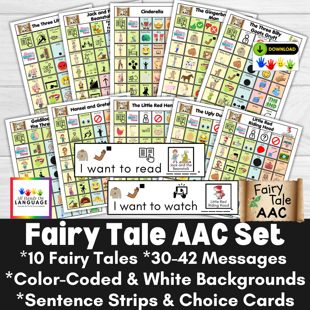 Fairy Tale AAC Boards Set, 10 Stories, Color-Coded & White Bckgrnd, Requesting