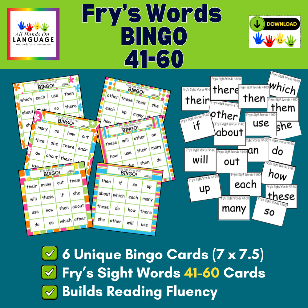 Fry's Sight Words 41-60 Bingo Game, 6 Bingo Cards, 20 Word Calling Cards